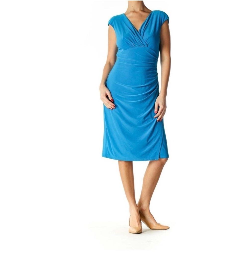 Lauren Ralph Lauren Sleeveless Teal Ruched Pleated Faux Wrap Dress Sz 4